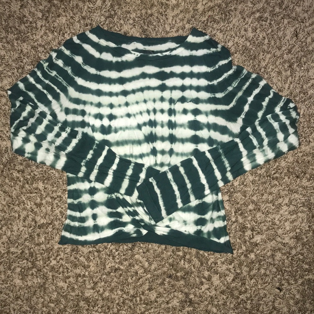 PINK Green and white front knot crop top